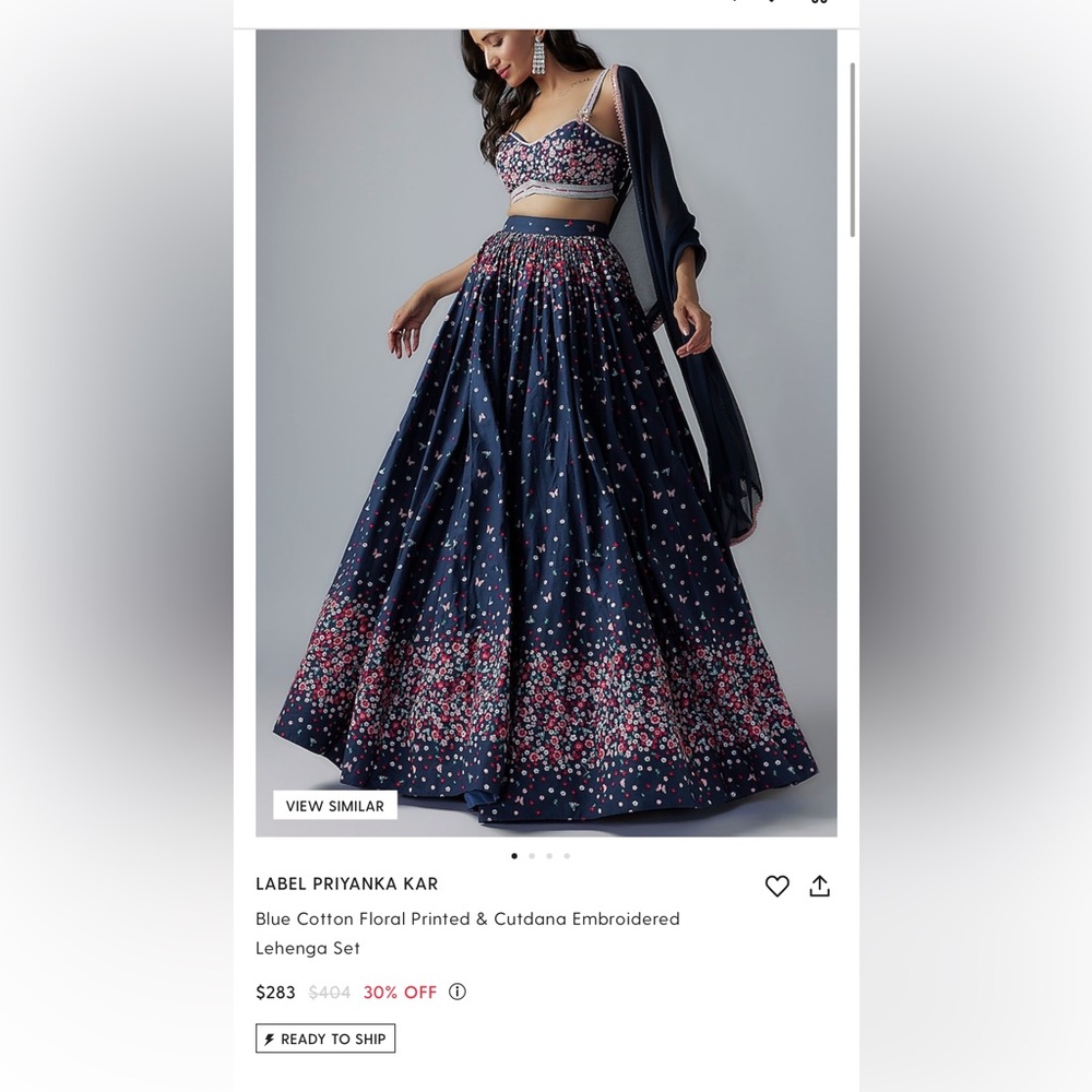 Blue Cotton Floral Printed & Cutdana Embroidered Lehenga Set Large US medium